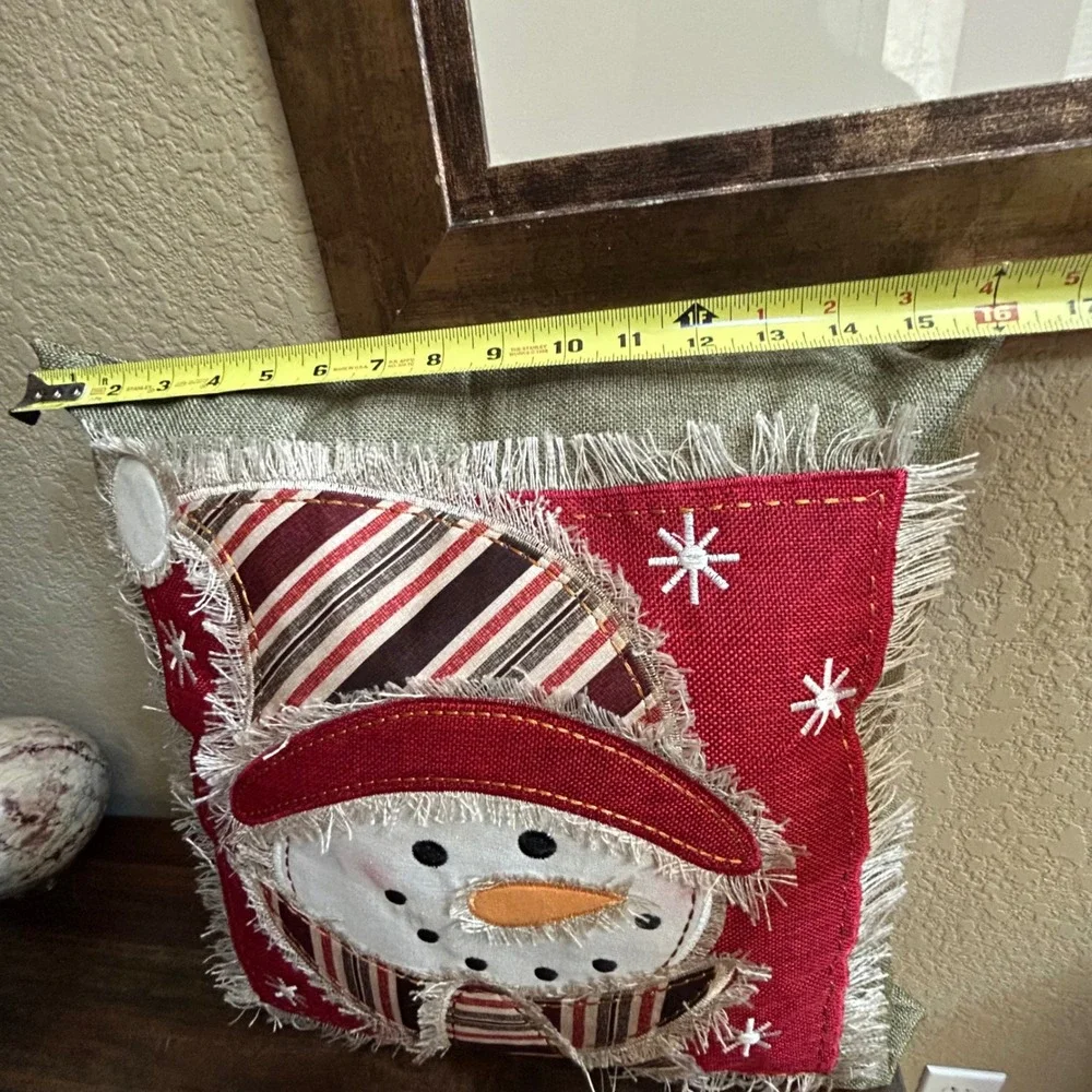 Christmas Snowman Throw Pillow 16x16 Rustic Applique Embroidered Holiday Decor